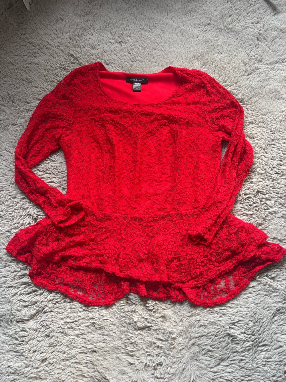 Ashley Stewart Red Lace Long-Sleeve Scoop Neck Tunic made in USA size 18/20